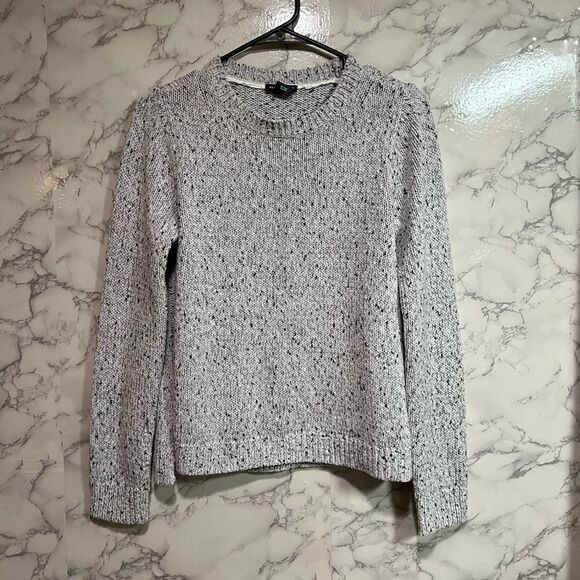 CLUB MONACO White Black Gray Speckled Wool Blend Knit Chiffon Insert Sweater XS - Picture 3 of 9